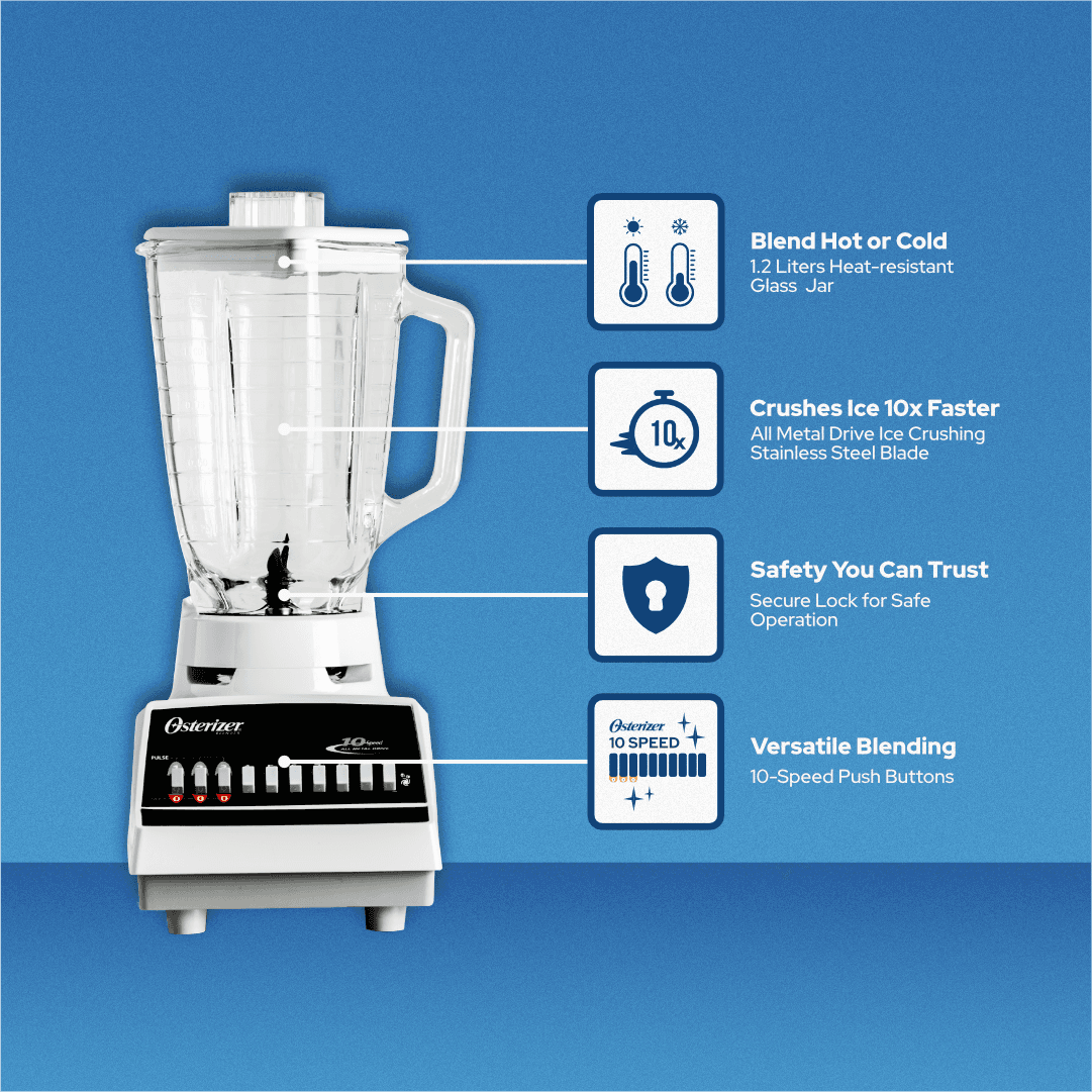 Oster 10-Speed Blender with 1.25L Heat Resistant Glass Jar (Heavy Duty Blender with Ice Crusher) + Glass Jar - Lorikeet